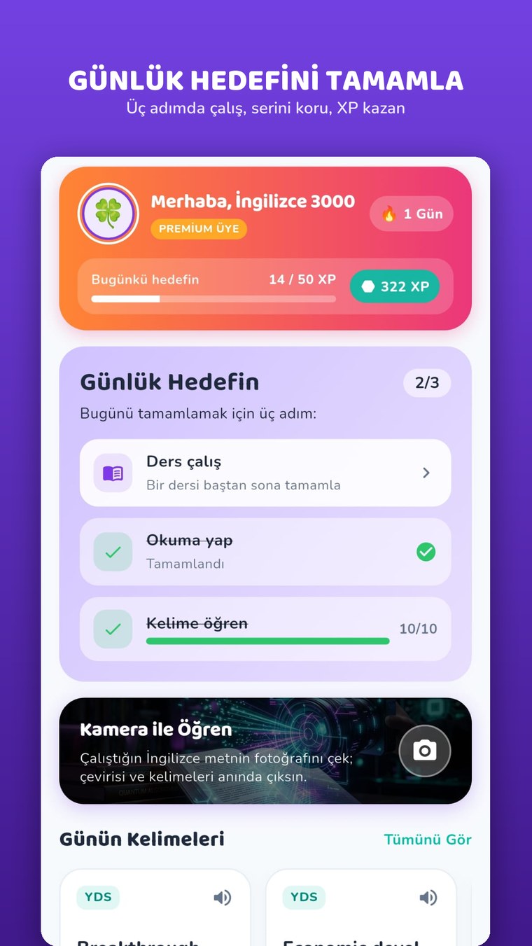 İngilizce 3000 ana ekranı: günlük hedef, seri ve XP